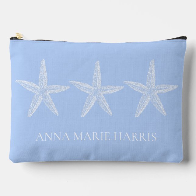 Coastal Blue and White Starfish Personalised Accessory Pouch (Front)
