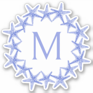 Coastal Blue and White Starfish Wreath Monogram