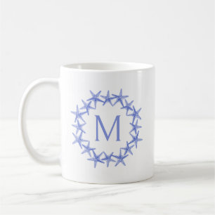 Coastal Blue and White Starfish Wreath Monogram Coffee Mug