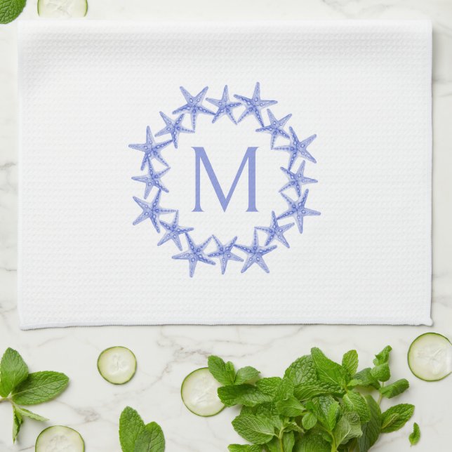Coastal Blue and White Starfish Wreath Monogram Tea Towel (Folded)
