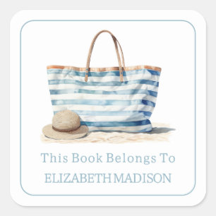 Coastal Blue and White Stripe Beach Tote Bookplate Square Sticker