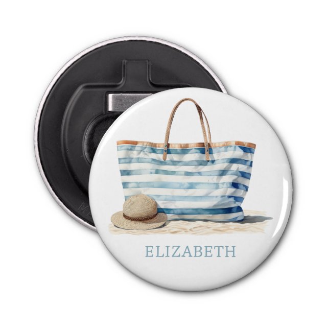 Coastal Blue and White Stripe Beach Tote Bottle Opener (Front)