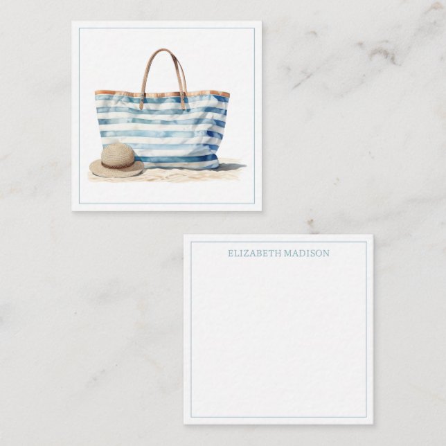 Coastal Blue and White Stripe Beach Tote Card (Front/Back)