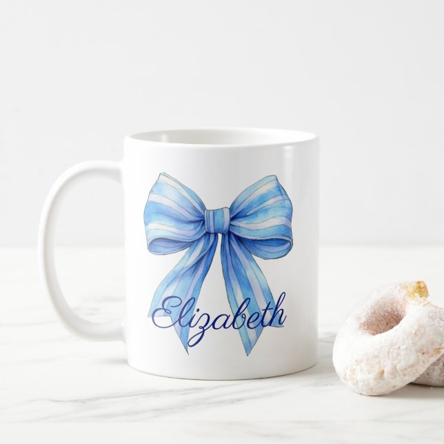 Coastal Blue and White Watercolor Bow Personalised Coffee Mug (With Donut)