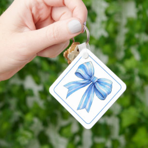 Coastal Blue and White Watercolor Bow Personalized Key Ring