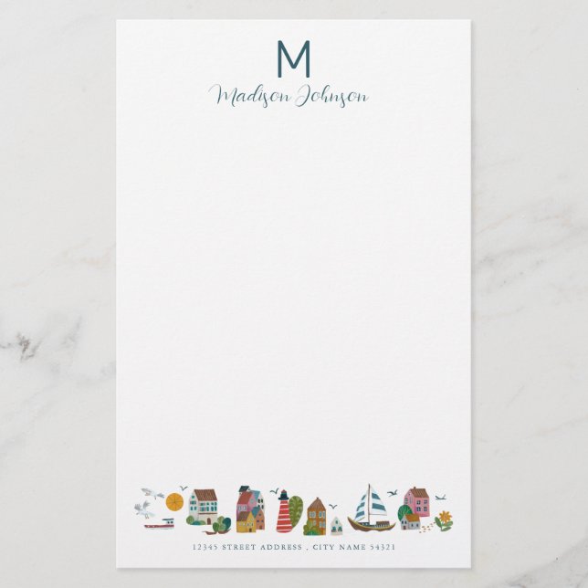 Coastal Blue Baby Shower Party Monogram Stationery (Front)