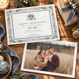 Coastal Blue Chinoiserie Botanical Family Photo Holiday Card