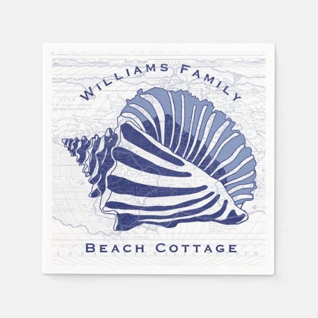 Coastal Blue Conch Seashell Family Name Napkin (Front)