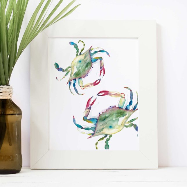 Coastal Blue Crab Beach House Decor (Unique crab wall art features watercolor blue crabs by Victoria Grigaliunas of Do Tell A Belle)