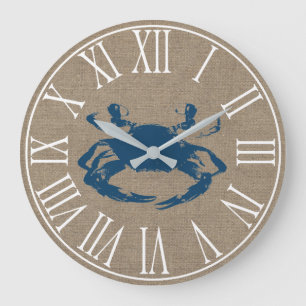 Coastal Blue Crab & Faux Burlap Large Clock
