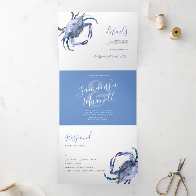 Coastal Blue Crab Trifold Wedding Invitation (Inside)