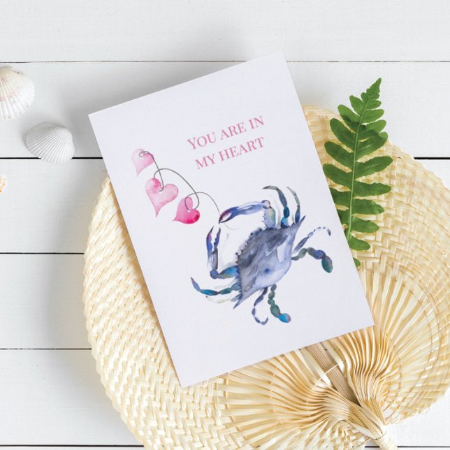 Coastal Blue Crab Watercolor Beach Valentines Card (Valentines cards feature blue crab and pink hearts by Victoria Grigaliunas. Printed cards printable)