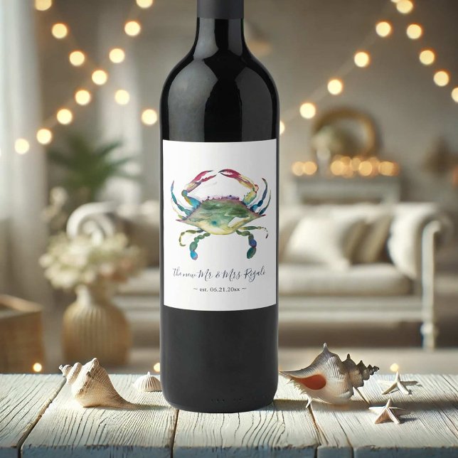 Coastal Blue Crab Watercolor Wine Label (Wedding wine label watercolor Maryland crab art by Victoria Grigaliunas Do Tell A Belle)
