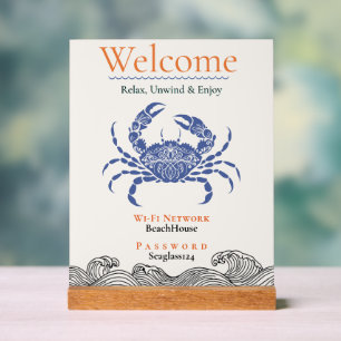 Coastal Blue Crab Wi-Fi Password Sign Desk Plaque