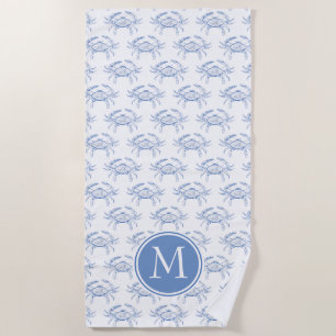 Coastal Blue Crabs on White Monogram Beach Towel
