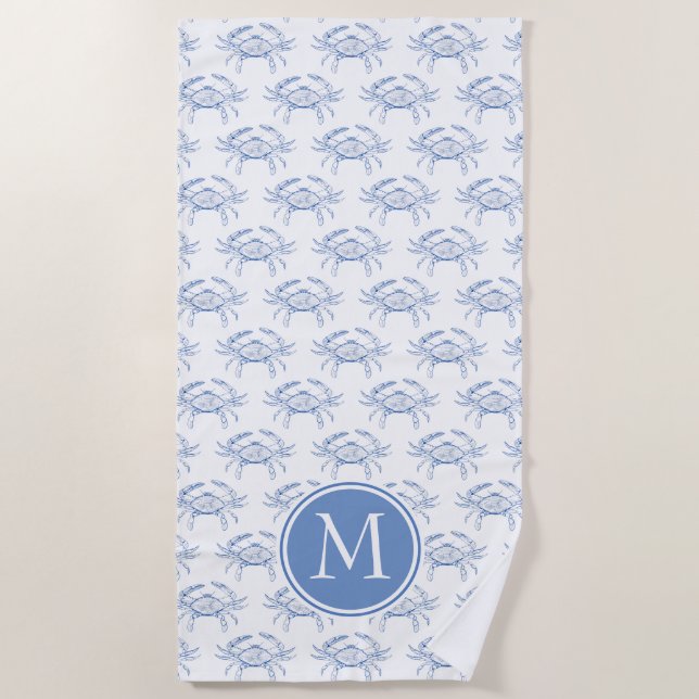 Coastal Blue Crabs on White Monogram Beach Towel (Front)