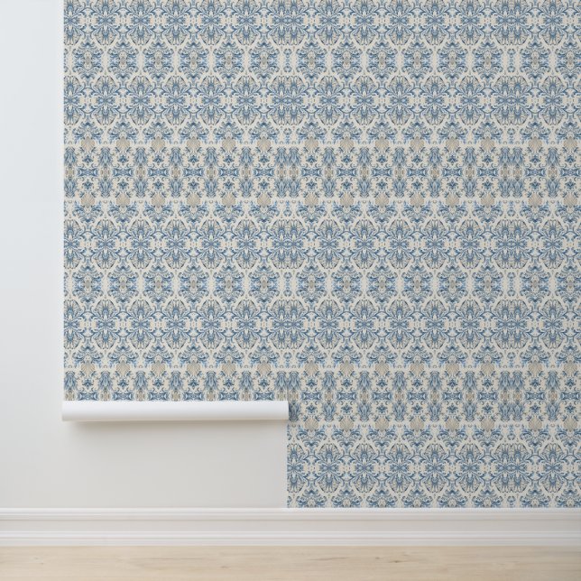 Coastal Blue Damask Wallpaper - Beach House Decor (Application)
