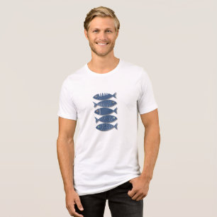 Coastal Blue Fish Pattern on Beige Background Tri-Blend Shirt