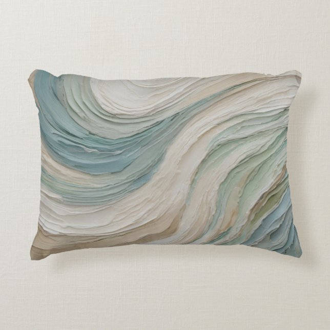 Coastal Blue Green Beige Abstract Waves Decorative Cushion (Front)