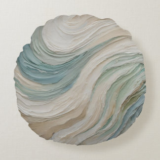 Coastal Blue Green Beige Abstract Waves Round Cushion