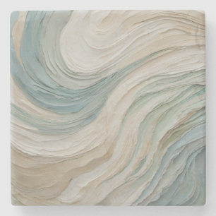 Coastal Blue Green Beige Abstract Waves Stone Coaster