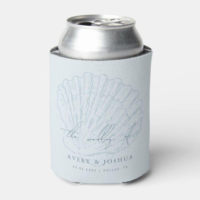 Coastal Blue Hand Drawn Seashell Wedding Favour Can Cooler (Can Front)