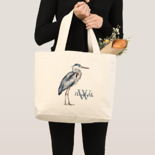 Coastal Blue Heron Bird Monogram Large Tote Bag