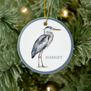 Coastal Blue Heron Bird Personalised Ceramic Tree Decoration
