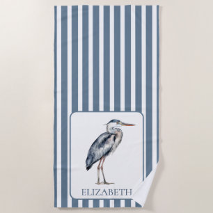 Coastal Blue Heron Bird Personalized Beach Towel