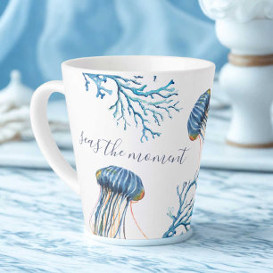 Coastal Blue Jellyfish and Sea Coral Watercolor Latte Mug
