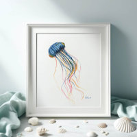 Coastal Blue Jellyfish Art Watercolor