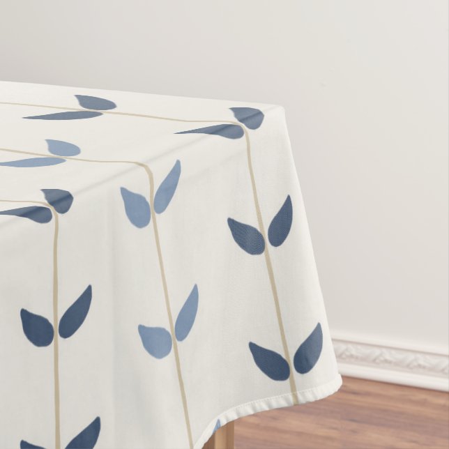 Coastal Blue Leaf Stripe Minimal Botanical Pattern Tablecloth (In Situ)