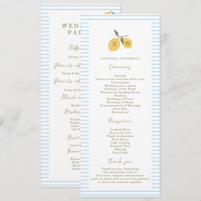 Coastal Blue Lemon Amalfi Wedding Program Card (Front/Back)