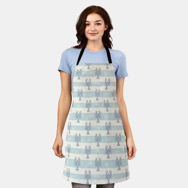 Coastal Blue Lobster Nautical Stripes Pattern Apron (Worn)