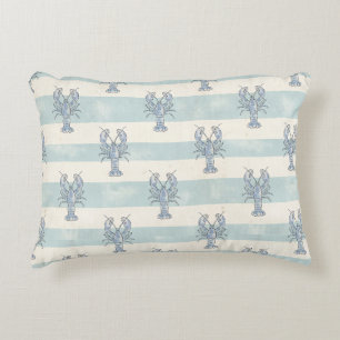 Coastal Blue Lobster Nautical Stripes Pattern Decorative Cushion