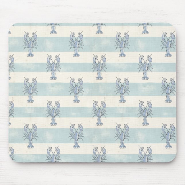 Coastal Blue Lobster Nautical Stripes Pattern Mouse Mat (Front)