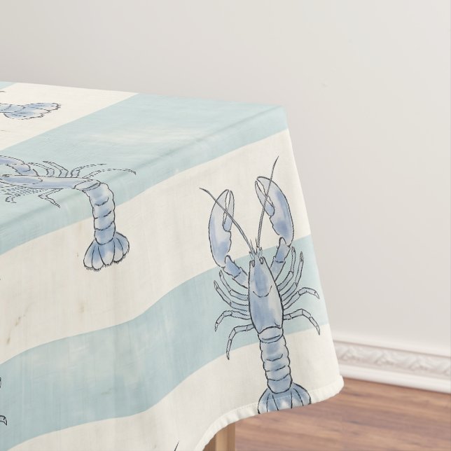 Coastal Blue Lobster Nautical Stripes Pattern Tablecloth (In Situ)