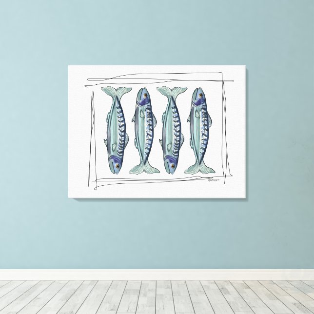 Coastal Blue Mackerel Seamless Ocean Fish Pattern Canvas Print (Insitu(Wood Floor))