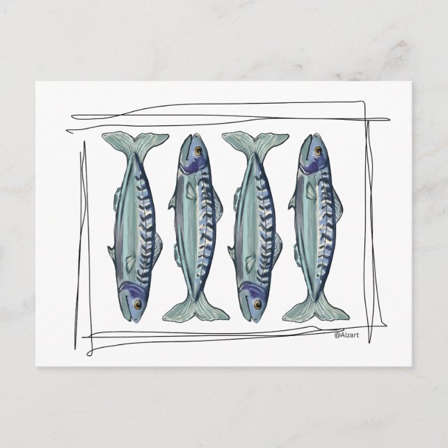 Coastal Blue Mackerel Seamless Ocean Fish Pattern Postcard (Front)