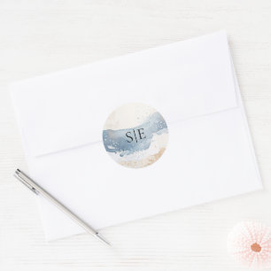 Coastal Blue Ocean Beach Wave Sand Elegant Wedding Classic Round Sticker