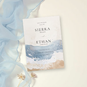 Coastal Blue Ocean Beach Wave Sand Elegant Wedding Save The Date