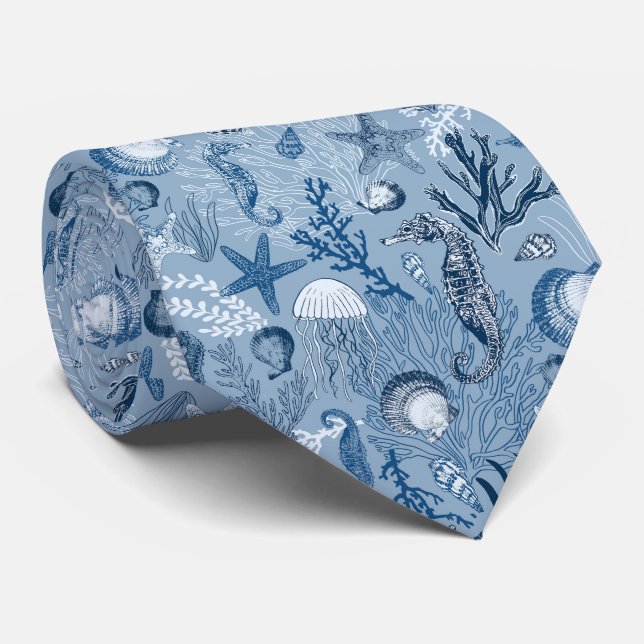 Coastal Blue Ocean Pattern  Tie (Rolled)