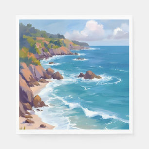 Coastal Blue Ocean Tide Watercolor Painting Napkin