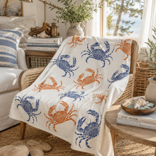 Coastal Blue & Orange Crab Sherpa Blanket