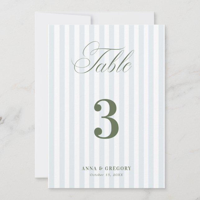 Coastal Blue Sage Green Stripes Table Number (Front)