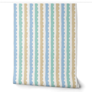Coastal Blue, Sand and White Scalloped Stripe Wallpaper