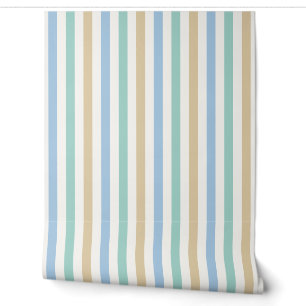 Coastal Blue, Sand and White Soft Stripe Wallpaper