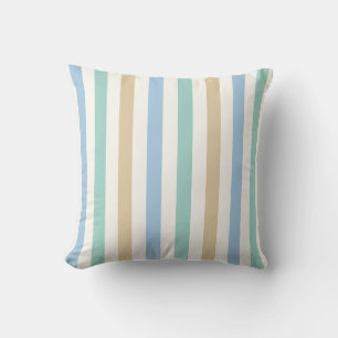 Coastal Blue, Sand and White Vertical Stripe Cushion