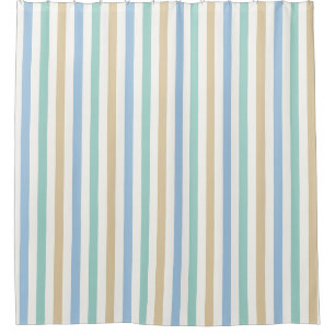 Coastal Blue, Sand and White Wide Pastel Stripe Shower Curtain