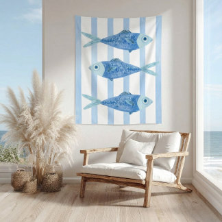 Coastal Blue Sardines Striped  Tapestry